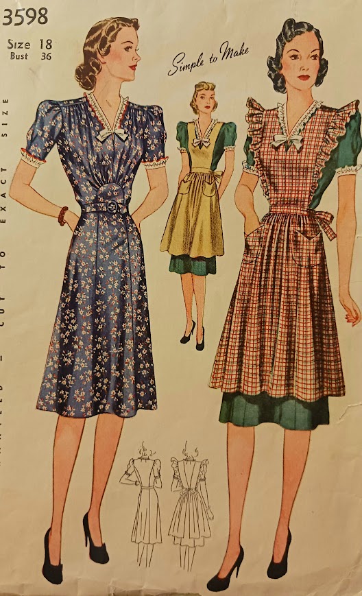 1940s Style V Neck Gathered Bust Dress with Optional Apron Custom Made In Your Size From a Vintage Pattern 1940