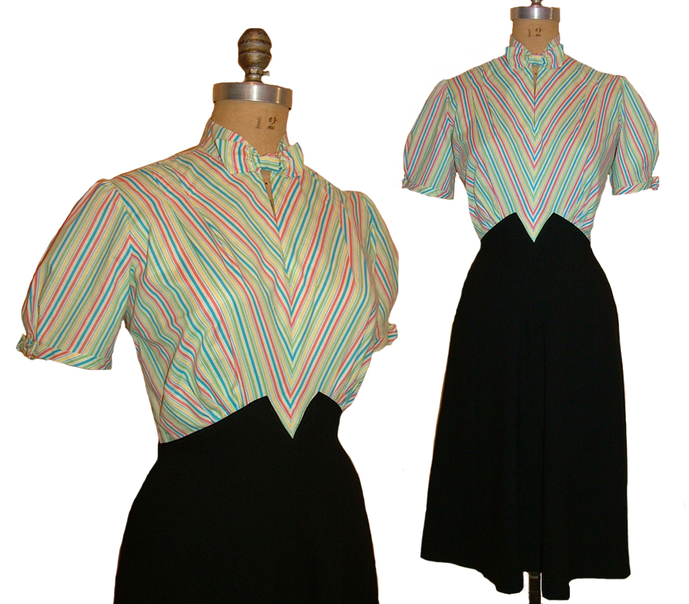 1930s Style Sweet Bow Tie Collar Dress High Waist V Front Skirt Custom Made in Your Size from Vintage Pattern 1938