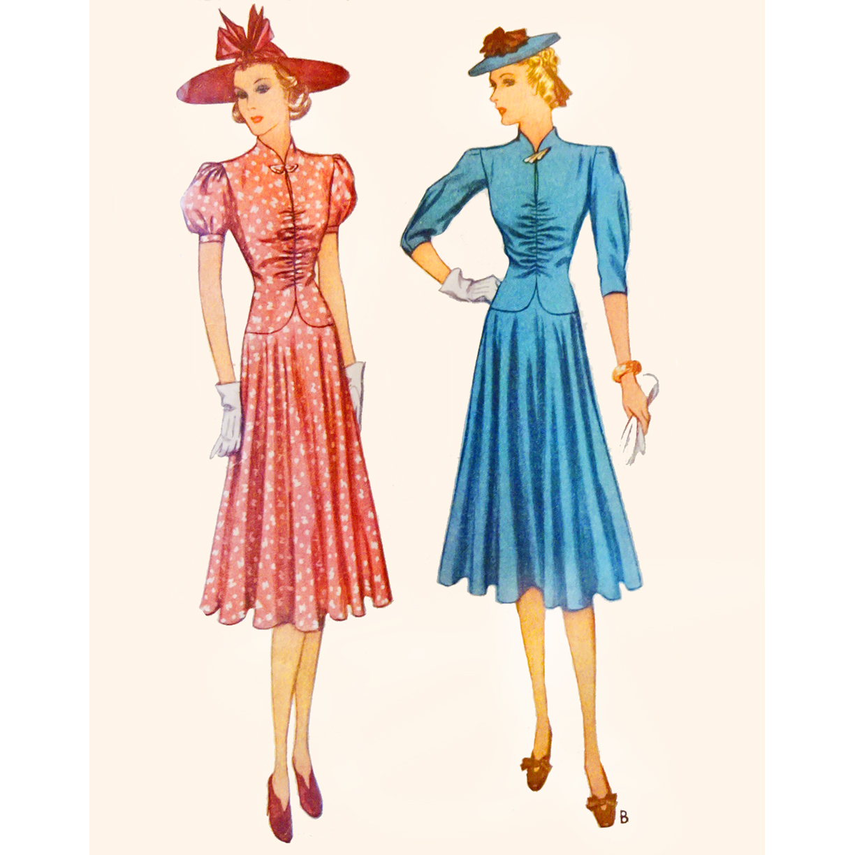 1930s Style Rusched Front Keyhole High Neck Dress with Full Skirt Made from Vintage Pattern Custom Made in Your Size 1938