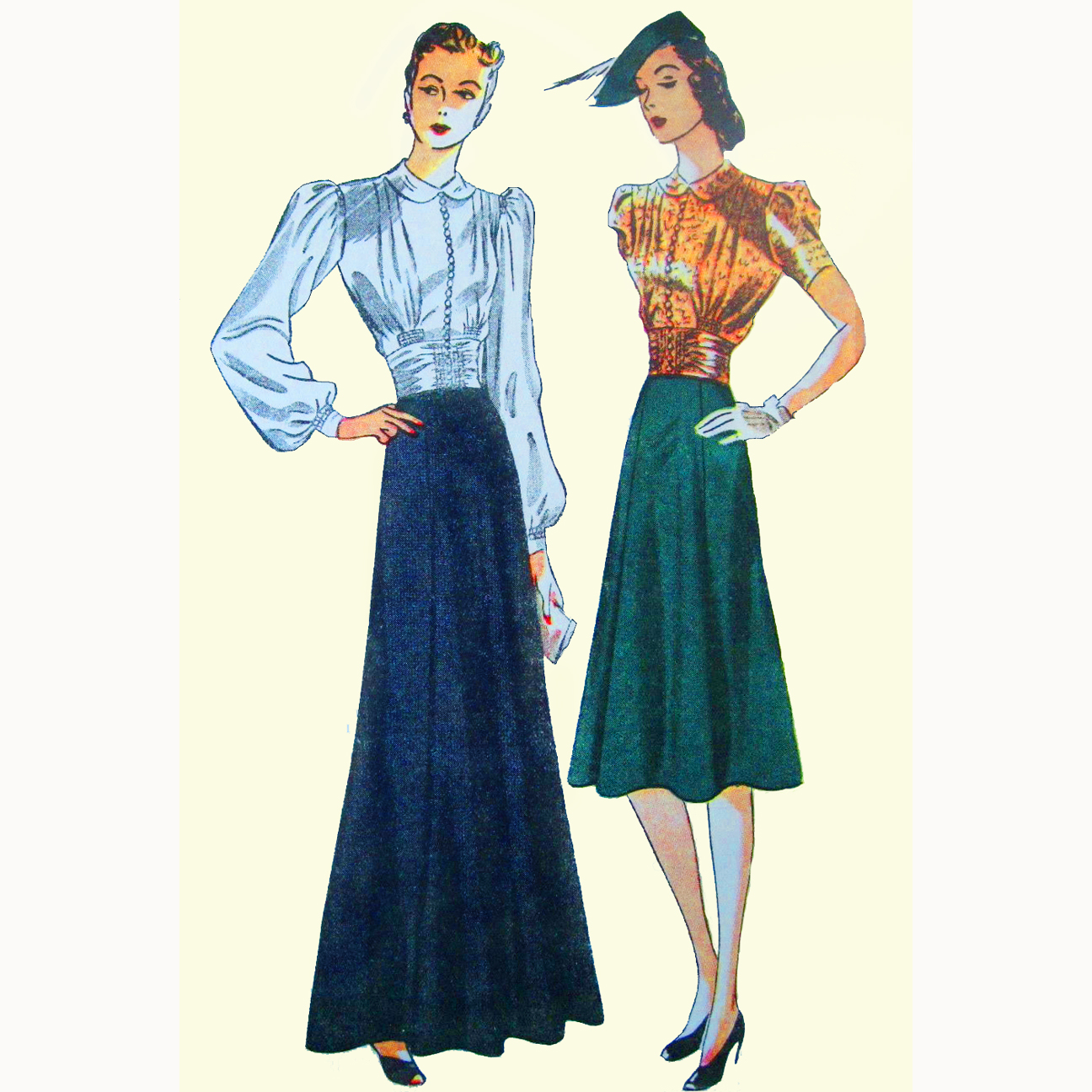 1930s Style Formal Gathered Button up Cummerbund Blouse and Flared Slip Dress Set Custom Made in Your Size From a Vintage Pattern 1939