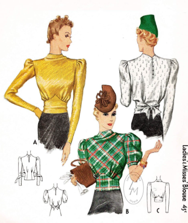 1930s Style Blouse with Cowl Neck Pointed Midriff and Puffed Sleeves Custom Made in Your Size From a Vintage Pattern 1939