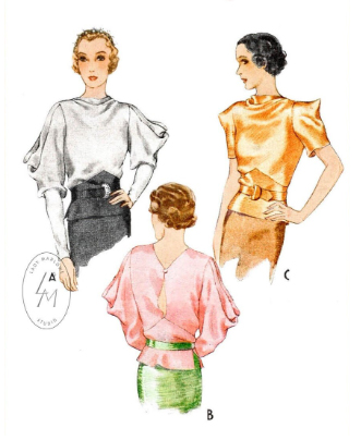 1930s Style Blouse with Cowl Neck Pointed Midriff and Cowl Sleeves Custom Made in Your Size From a Vintage Pattern 1934