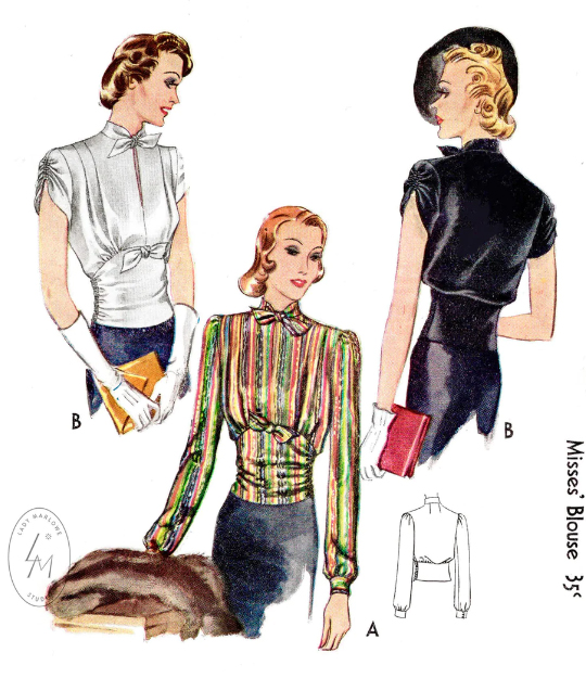 1930s Style Keyhole Neck Blouse with bow tie collar and Fitted Cummerbund Midriff Custom Made in Your Size From a Vintage Pattern 1937