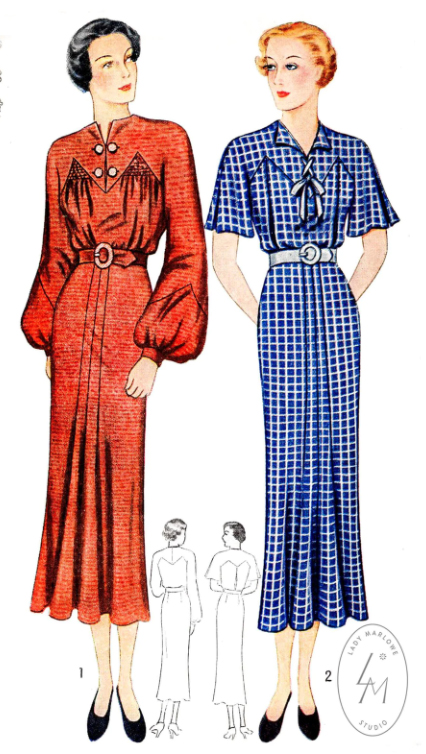 1930s Style Pointed Yoke Dress with Shirred Detail and Bishop Sleeves Custom Made in Your Size From a Vintage Pattern 1936