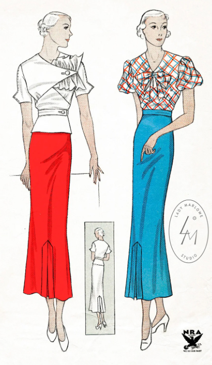 1930s Style 2pc Asymmetrical Jabot Blouse and Slim Skirt Custom Made in Your Size From Vintage Pattern 1933