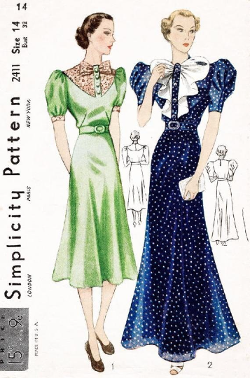 1930s Style Button Up Puffed Sleeve Dress with Bow Placket Detail Custom Made in Your Size From a Vintage Pattern 1937