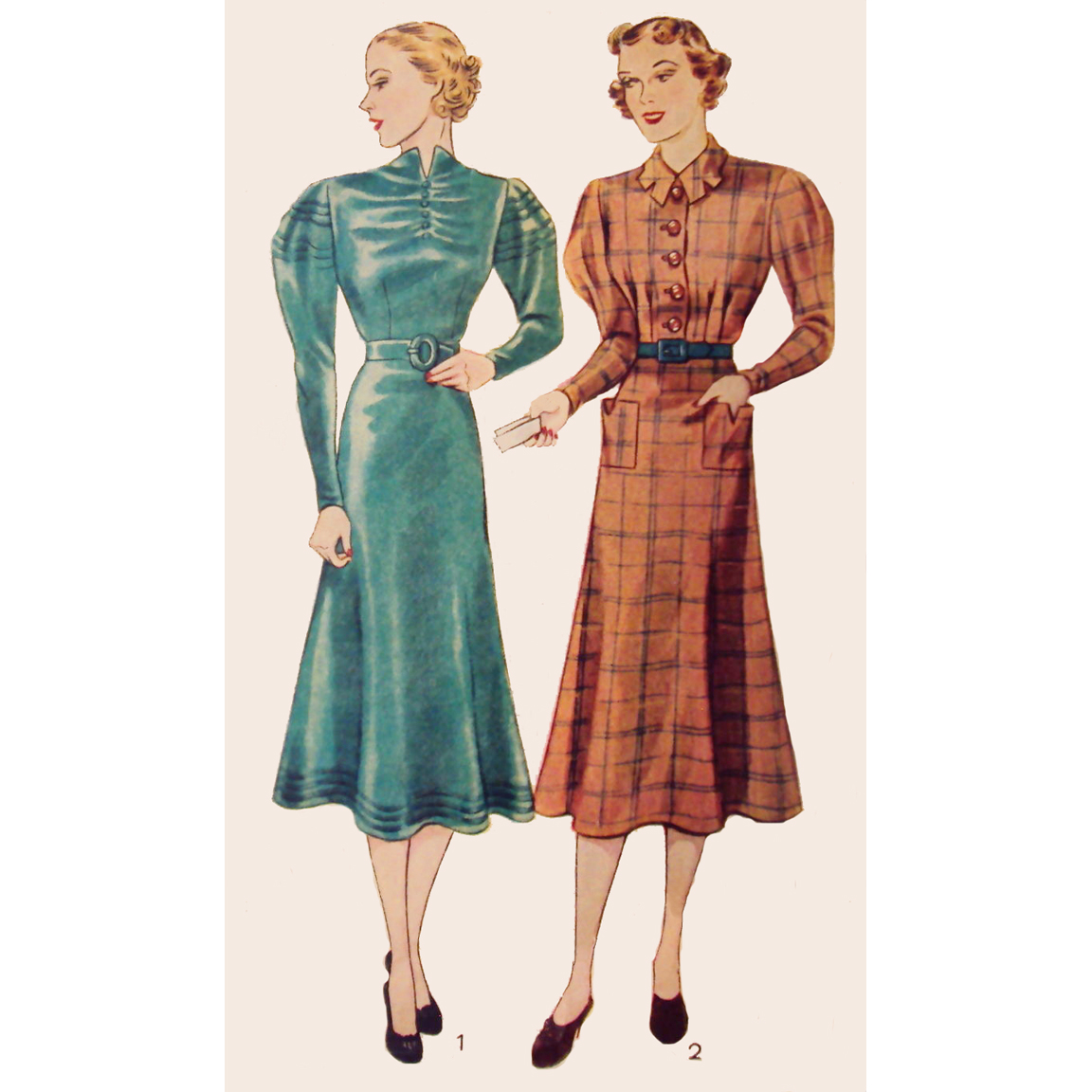 1930s Style Raised Neck or Shaped Collar Dress with Bias Full Skirt Custom Made in Your Size From a Vintage Pattern 1937