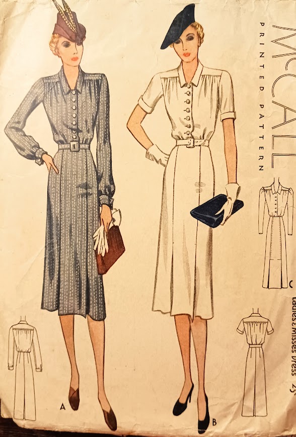 1930s Style Gathered Shoulder Button Up Day Dress with Slim Skirt Custom Made in Your Size From a Vintage Pattern 1938