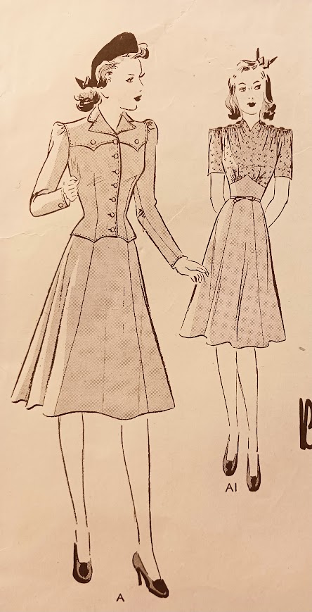 1930s Style Gathered Bust and Shoulder Dress with Pointed Midriff and Optional Jacket Custom Made in Your Size 1939