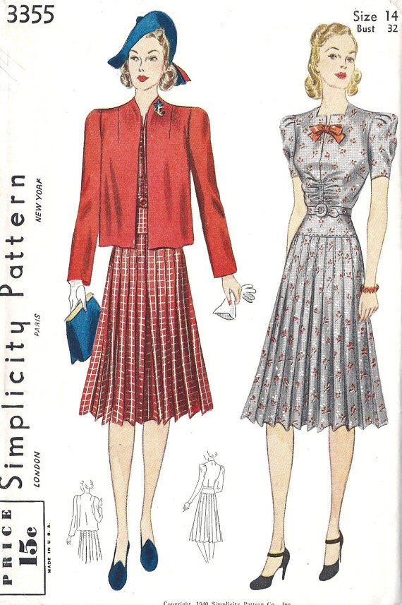 1940s Style Square Neck Dress with Gathered Front and Knife Pleated Skirt Custom Made in Your Size From a Vintage Pattern 1940