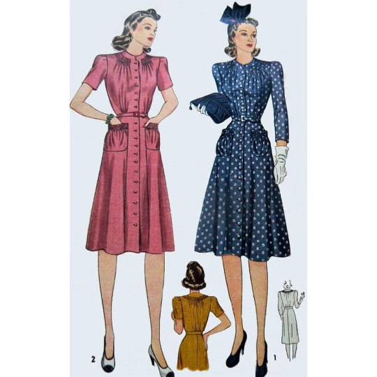 1940s Style Button Up Shirred Neck Line Dress With Flare Skirt and Shirred Pockets Custom Made in Your Size From Vintage Pattern 1941