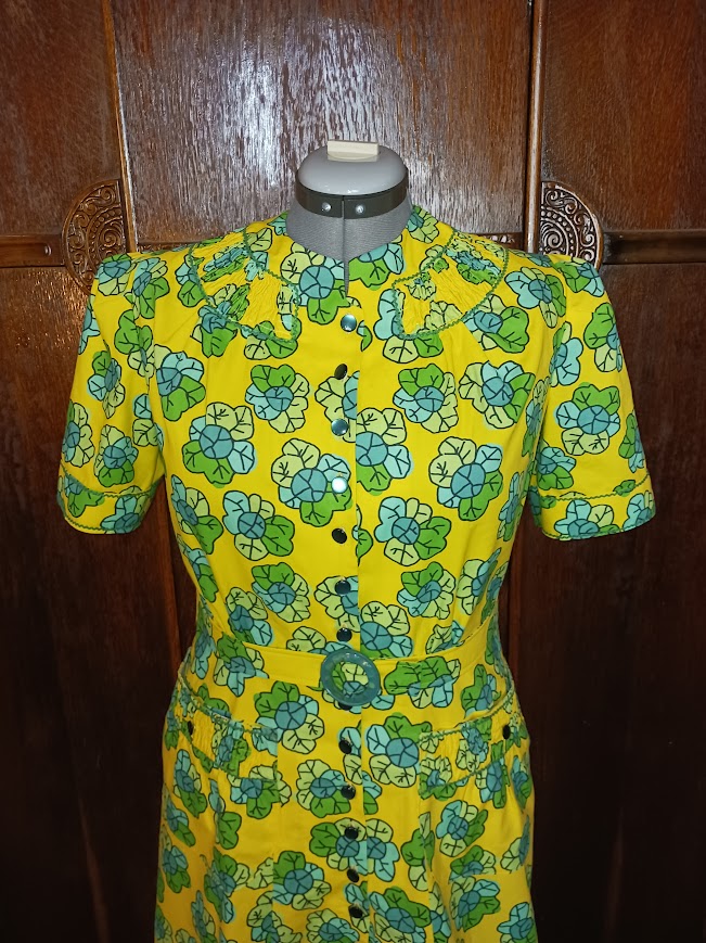 1940s Style Button Up Shirred Neck Line Dress With Flare Skirt and Shirred Pockets Custom Made in Your Size From Vintage Pattern 1941