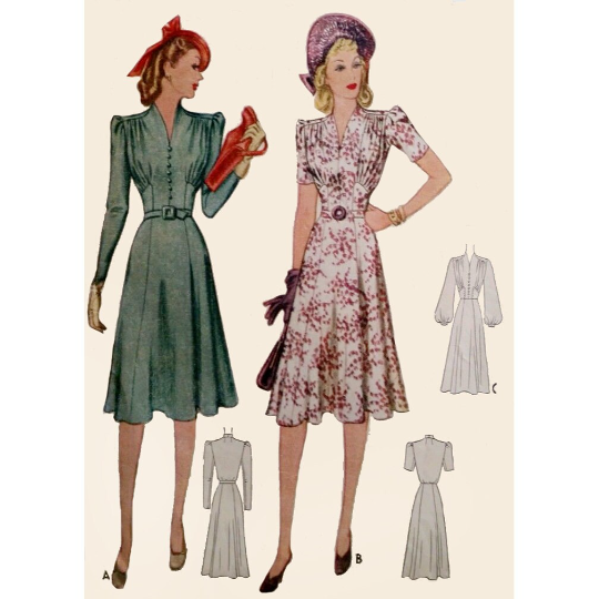 1940s Style Gathered Bust V Neck Dress Six Gore Flare Skirt Custom Made in Your Size From Vintage Pattern 1940