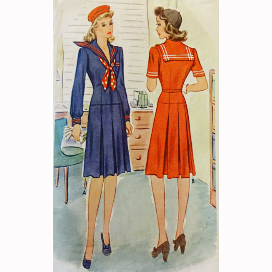 1940s Style Zip Front Nautical Sailor Collar Dress with Pleated Skirt Custom Made in Your Size From Vintage Pattern 1941