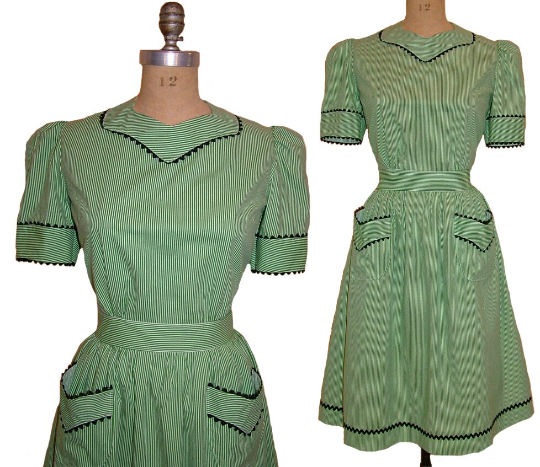 1940s Style WWII Era Sweetheart Neck Full Gathered Skirt Ric Rack Dress Custom Made in your Size From a Vintage Pattern 1942