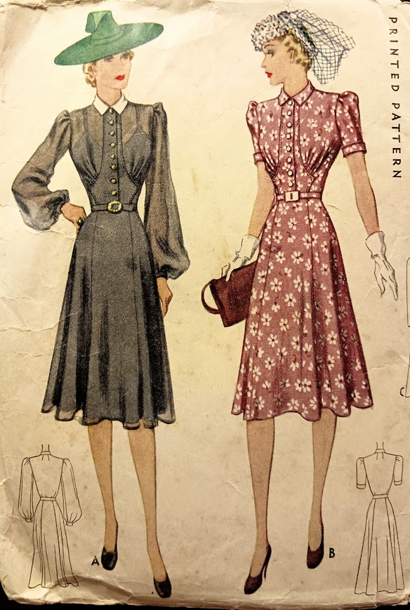 1940s Style Button up Gathered Bust Dress with Bishop Sleeves and Flared Skirt Custom Made in Your Size From Vintage Pattern 1940