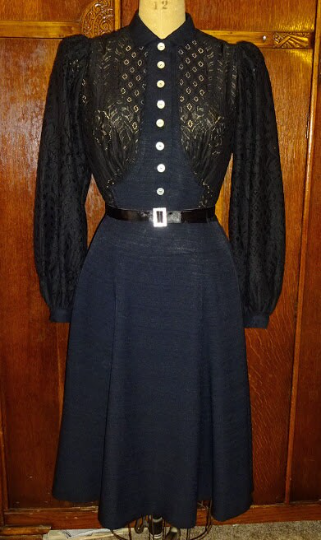 1940s Style Button up Gathered Bust Dress with Bishop Sleeves and Flared Skirt Custom Made in Your Size From Vintage Pattern 1940