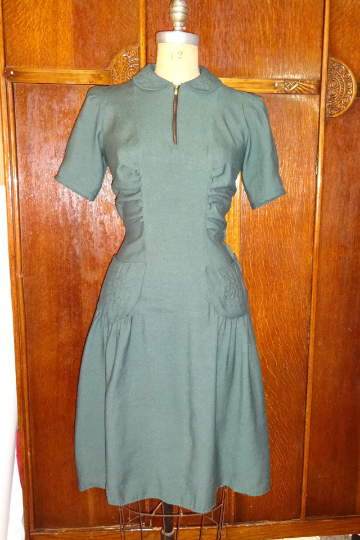 1940s Style Peter Pan Collar Gathered Bust Patch Pocket Swing Dress Custom Made in Your Size From a Vintage Pattern 1940