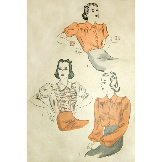 1930s Style Button Up Puff Sleeve Blouse Optional Pin Tucks and Jabot Custom Made in Your Size From a Vintage Pattern 1939
