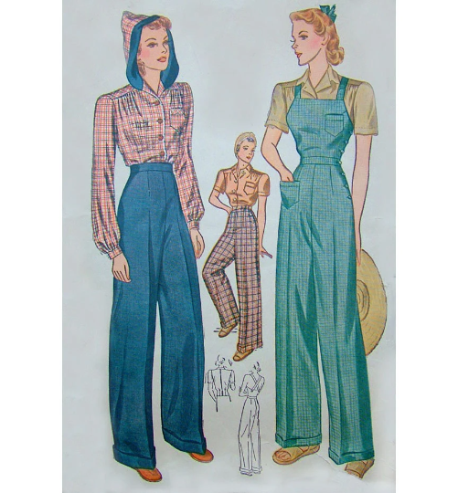 1940s Style Side Button Overalls Trousers and Hooded Blouse Custom Made In Your Size From a Vintage Pattern 1940