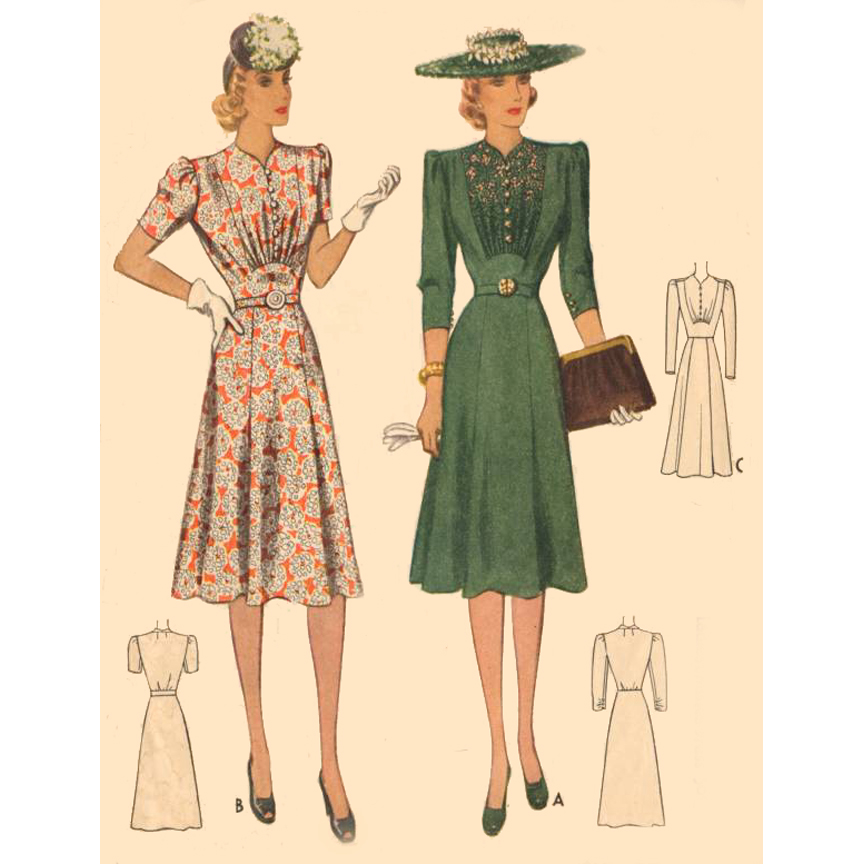 1940s Style Gathered Bust Inset Dress with Four Gore Skirt Custom Made in Your Size From Vintage Pattern 1940