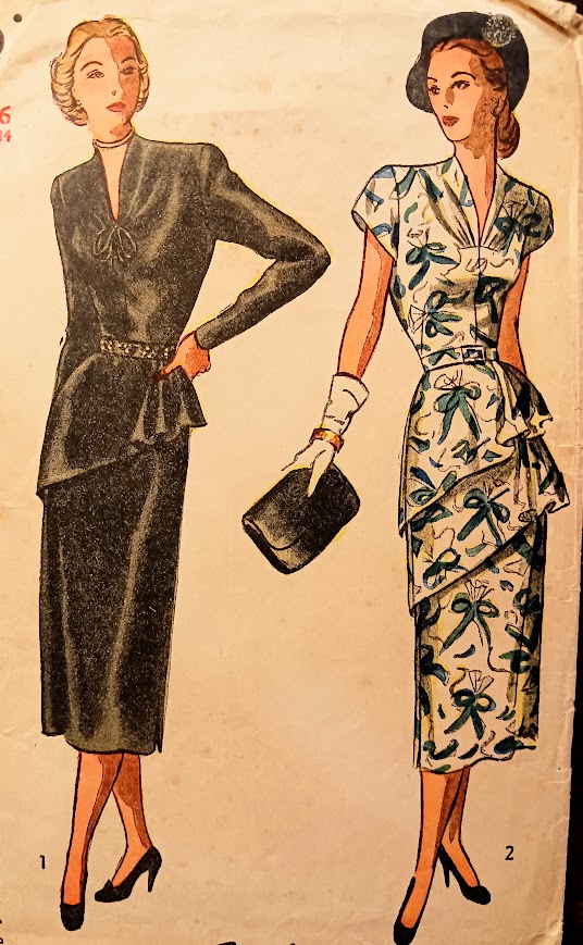 1940s Style V Neck Dress with Asymmetrical Gathered Peplum Skirt Custom Made in Your Size From a Vintage Pattern 1947