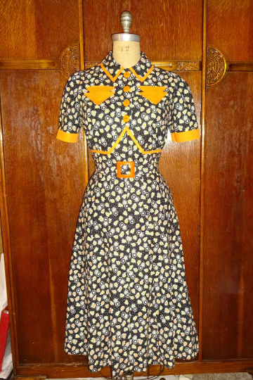 1940s Style Button Up Dress with Pointed Midriff and Nine Gore Flared Skirt Custom Made in Your Size From a Vintage Pattern 1940