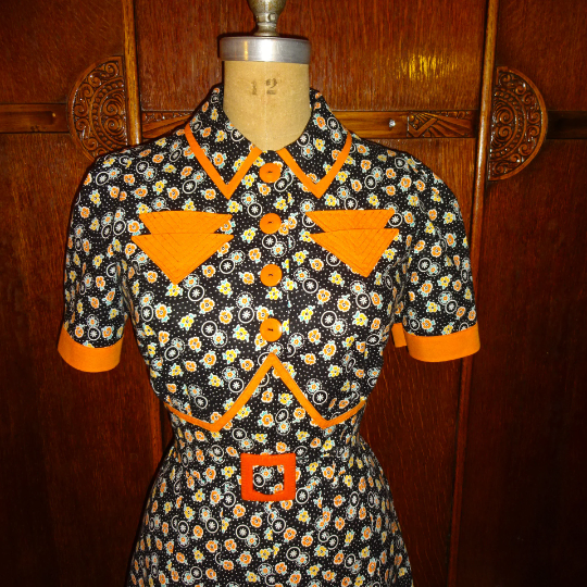 1940s Style Button Up Dress with Pointed Midriff and Nine Gore Flared Skirt Custom Made in Your Size From a Vintage Pattern 1940