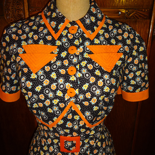 1940s Style Button Up Dress with Pointed Midriff and Nine Gore Flared Skirt Custom Made in Your Size From a Vintage Pattern 1940