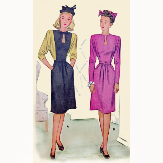 1940s Style Keyhole Neck Dolman Sleeve Color Blocked Dress Custom Made in Your Size From a Vintage Pattern 1945
