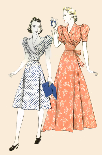 1940s Style Wrap Around Hostess or Day Dress with Shawl Collar Custom Made in Your Size From a Vintage Pattern 1940