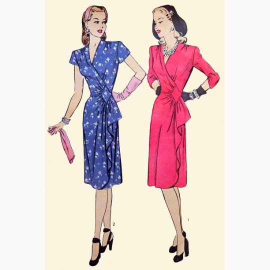 1940s Style V Neck Wrap Around Dress with Side Skirt Flounce Custom Made in Your Size From a Vintage Pattern 1944