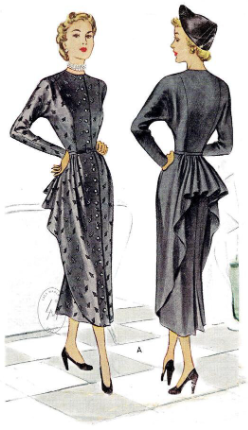 1940s Style Jewel Neck Dolman Sleeve Button Up Dress with Bustle Skirt Custom Made in Your SIze Made from Vintage Pattern 1948