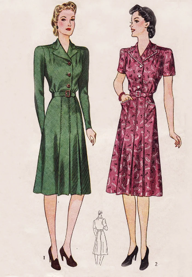 1940s Style Classic Shirt Dress With Notched Collar Custom Made in Your Size From a Vintage Pattern 1940