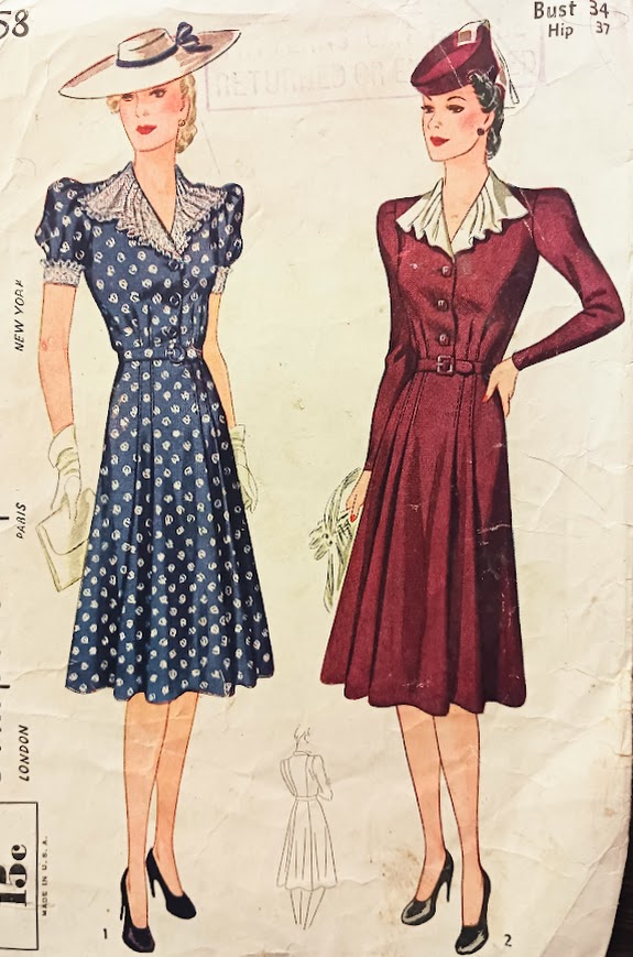 1940s Style Ruffle Collar Day Dress with Pleated Front Skirt Custom Made in Your Size From a Vintage Pattern 1940