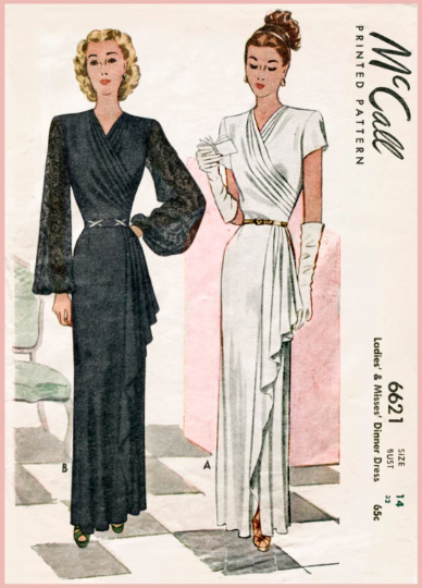 1940s Style Formal Gathered Surplice Dress with Cascading Waterfall Flounce Custom Made in Your Size From a Vintage Pattern 1946