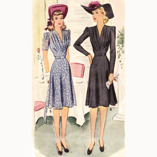 1940s Style Gathered Bust Deep V Neck Dress Six Gore Flare Skirt Custom Made in Your Size From Vintage Pattern 1941