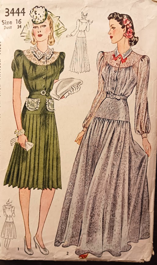 1940s Style Button up Gathered Bust Puffed Sleeve Dress with Pleated Skirt Custom Made in Your Size Made from Vintage Pattern 1940