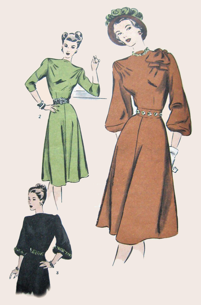 1940s Style Raised Boat Neck Dress with Side Shoulder Pleats and Lantern Sleeves Custom Made in Your Size From a Vintage Pattern 1947