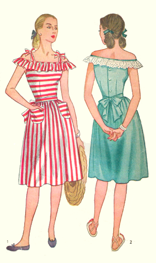 1940s Style WWII Era Off the Shoulder Full Gathered Skirt Summer Dress Custom Made in your Size From a Vintage Pattern 1944