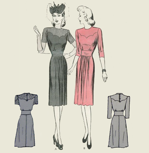 1940s Style Scalloped Yoke Dress with Fitted Waist and Gathered Front Skirt Custom Made in Your Size From a Vintage Pattern 1943
