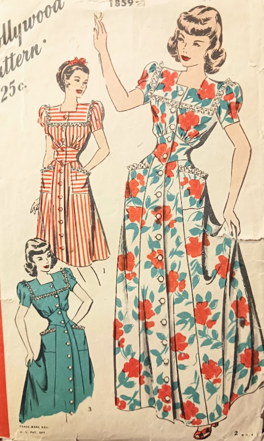 1940s Style Button Up Puffed Sleeve House Hostess or Day Dress Custom Made in Your Size From a Vintage Pattern 1946