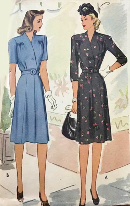 1940s Style Surplice Day Dress with Seven Gore Skirt Custom Made in Your Size From a Vintage Pattern 1944