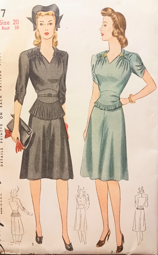 1940s Style V Neck Dress with Gathered Shoulders and Peplum Custom Made in Your Size From a Vintage Pattern 1941