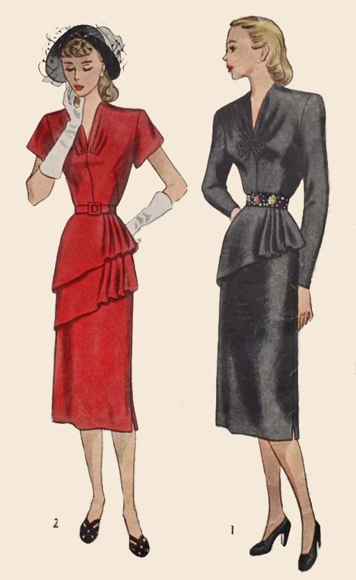 1940s Style V Neck Dress with Asymmetrical Gathered Peplum Skirt Custom Made in Your Size From a Vintage Pattern 1947