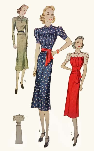 1930s Style Gathered Bust Color Blocked Puffed Sleeve Dress Custom Made in Your Size From a Vintage Pattern 1938
