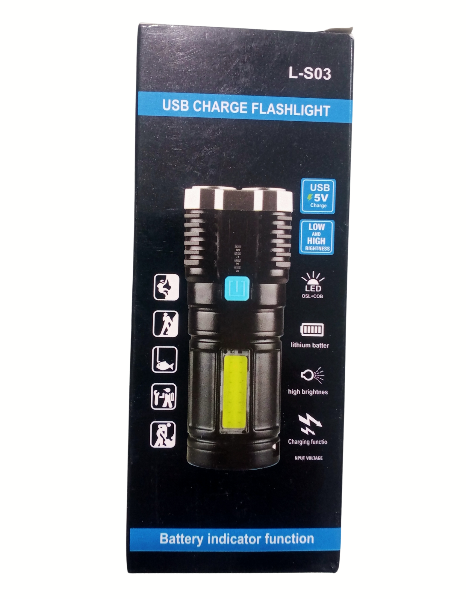 L180 Emergency Torch Rechargeable Multifunctional Portable LED Flashlight Torch Long Distance Beam Range with 4 Lighting Modes and COB Light for Outdoor, Indoor,Hiking,Walking,Camping