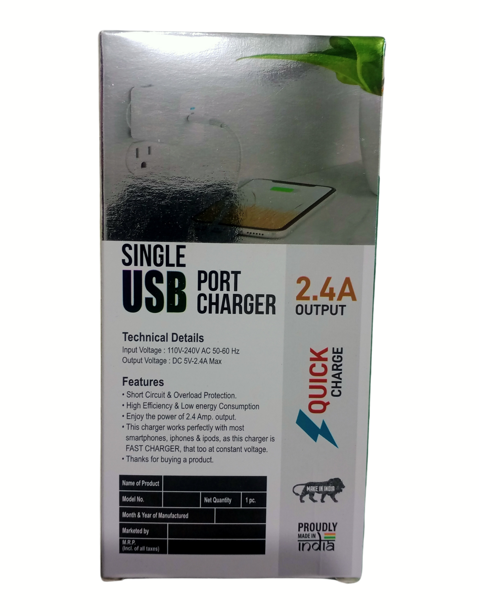 Single USB Charger  62 POR-1062 USB Wall Adapter with 2.4A Fast Charging Single USB Port  Android Devices (White)