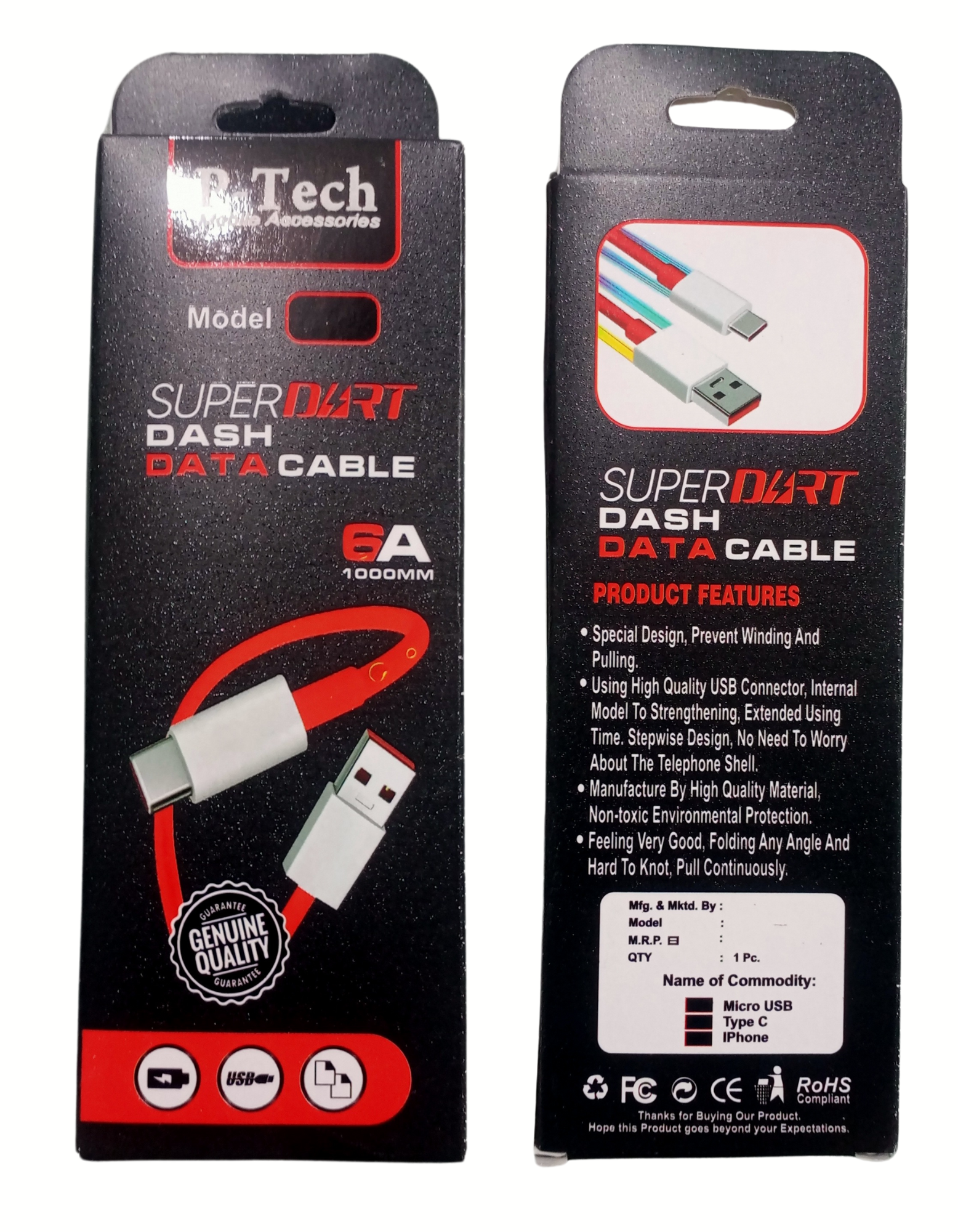 P-Tech Type A to C Fast charging Cable, 1m long, 6A, high-speed data transfer