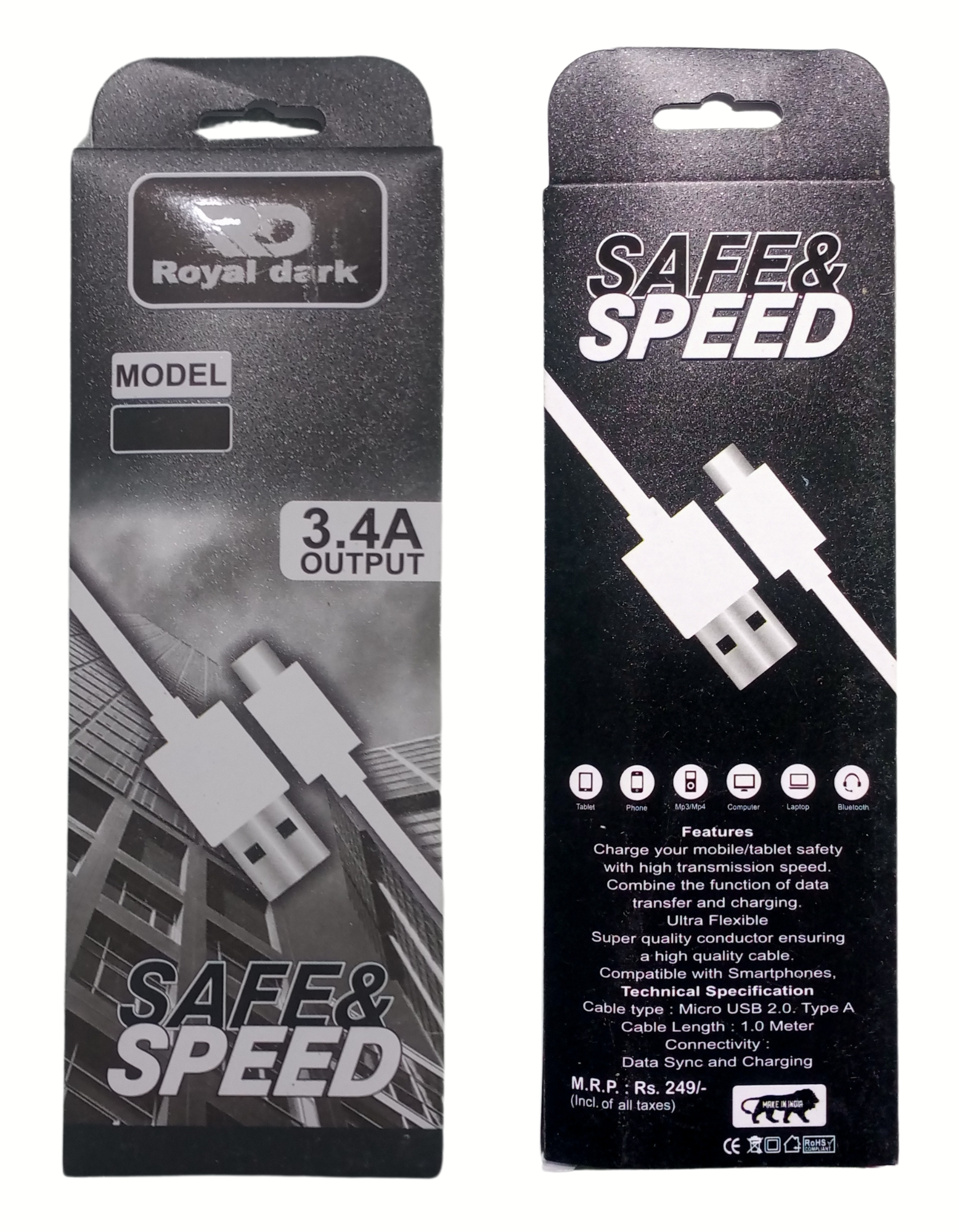 P-Tech Type A to Micro USB 2.0 (V8) Fast charging Cable, 1 meter long, 3.4A, high-speed data transfer